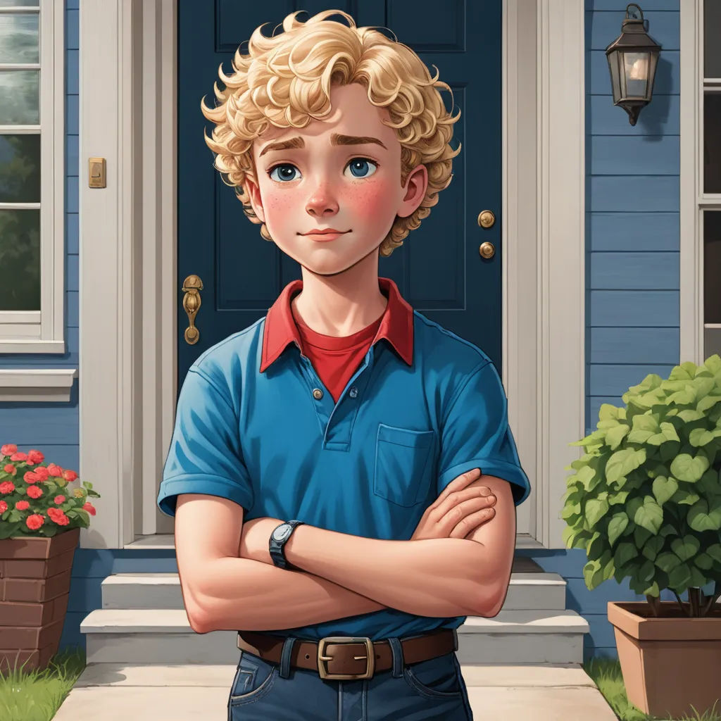 a boy with blonde hair standing in front of a blue house with his arms crossed and his arms crossed, american scene painting, a character portrait, Evan Charlton, kinkade
