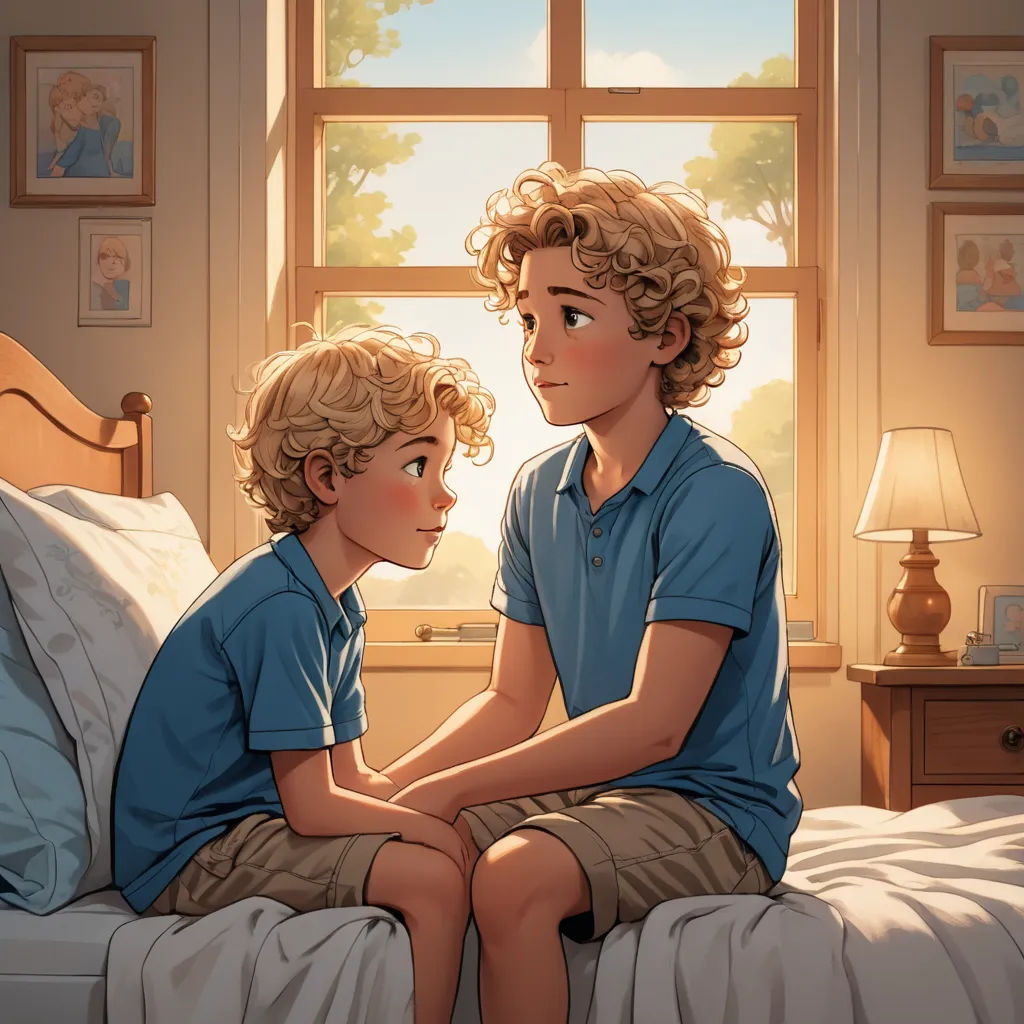 a boy and a boy sitting on a bed looking at each other in the same direction, with a window behind them, sots art, a storybook illustration, Brothers Hildebrandt, rossdraws global illumination