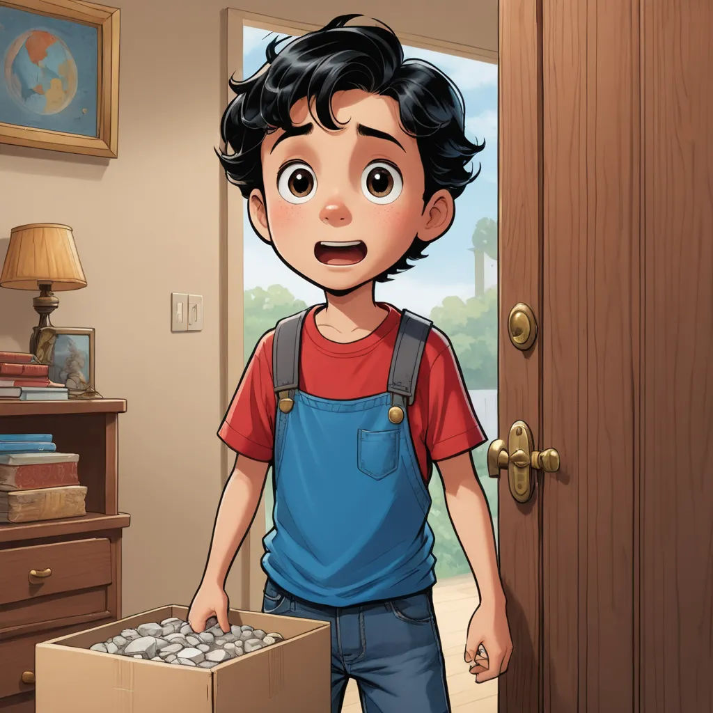 a boy holding a box of rocks in a room with a door and a window in the background with a picture of a boy holding a box of rocks in it, sots art, a comic book panel, Everett Warner, pixar style