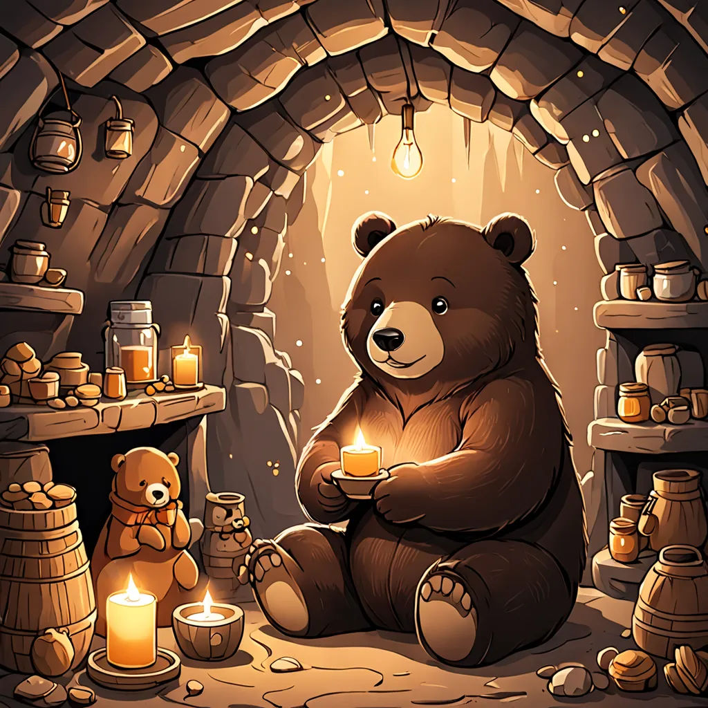 a bear sitting in a cave with a candle and a teddy bear next to it, surrounded by other items, fantasy art, a storybook illustration, Andreas Rocha, candles