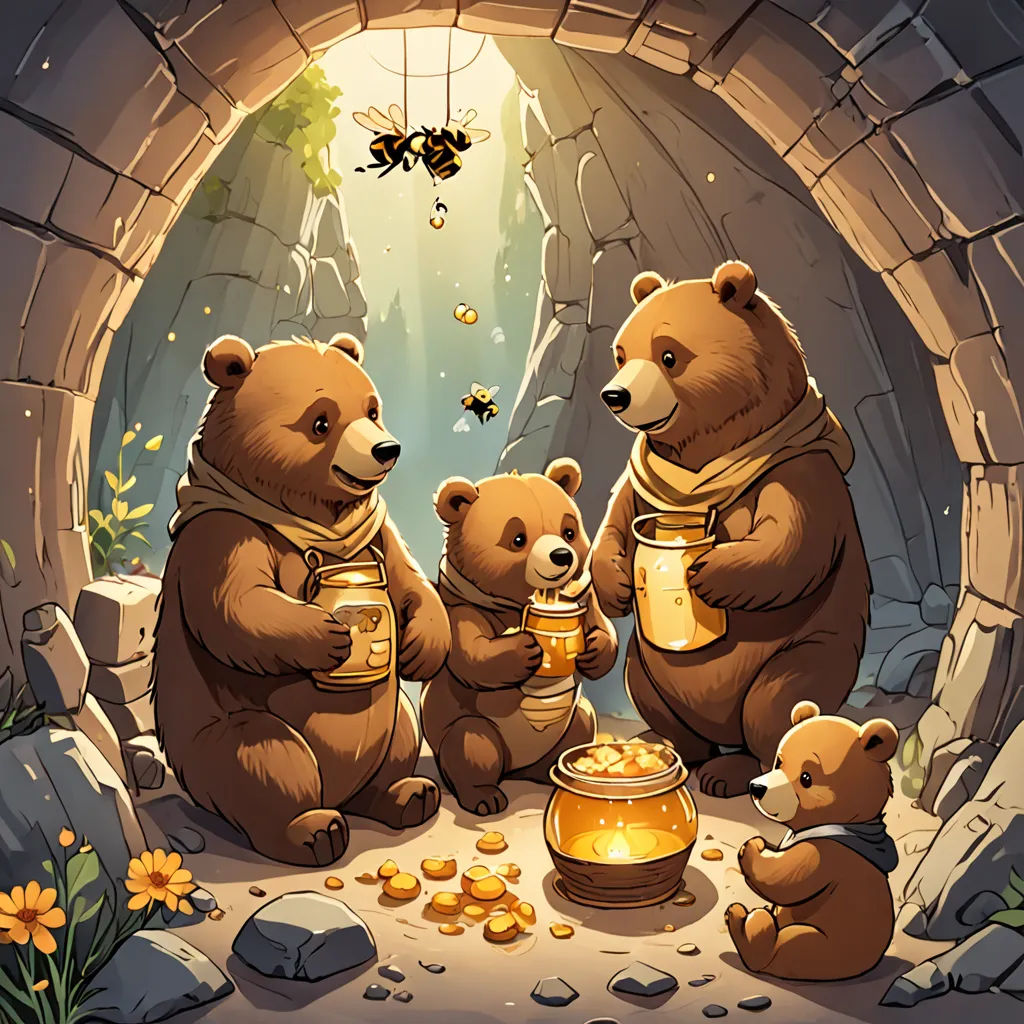 three bears are sitting in a cave with honey pots and a beehive in front of them,, furry art, a storybook illustration, Cyril Rolando, official art