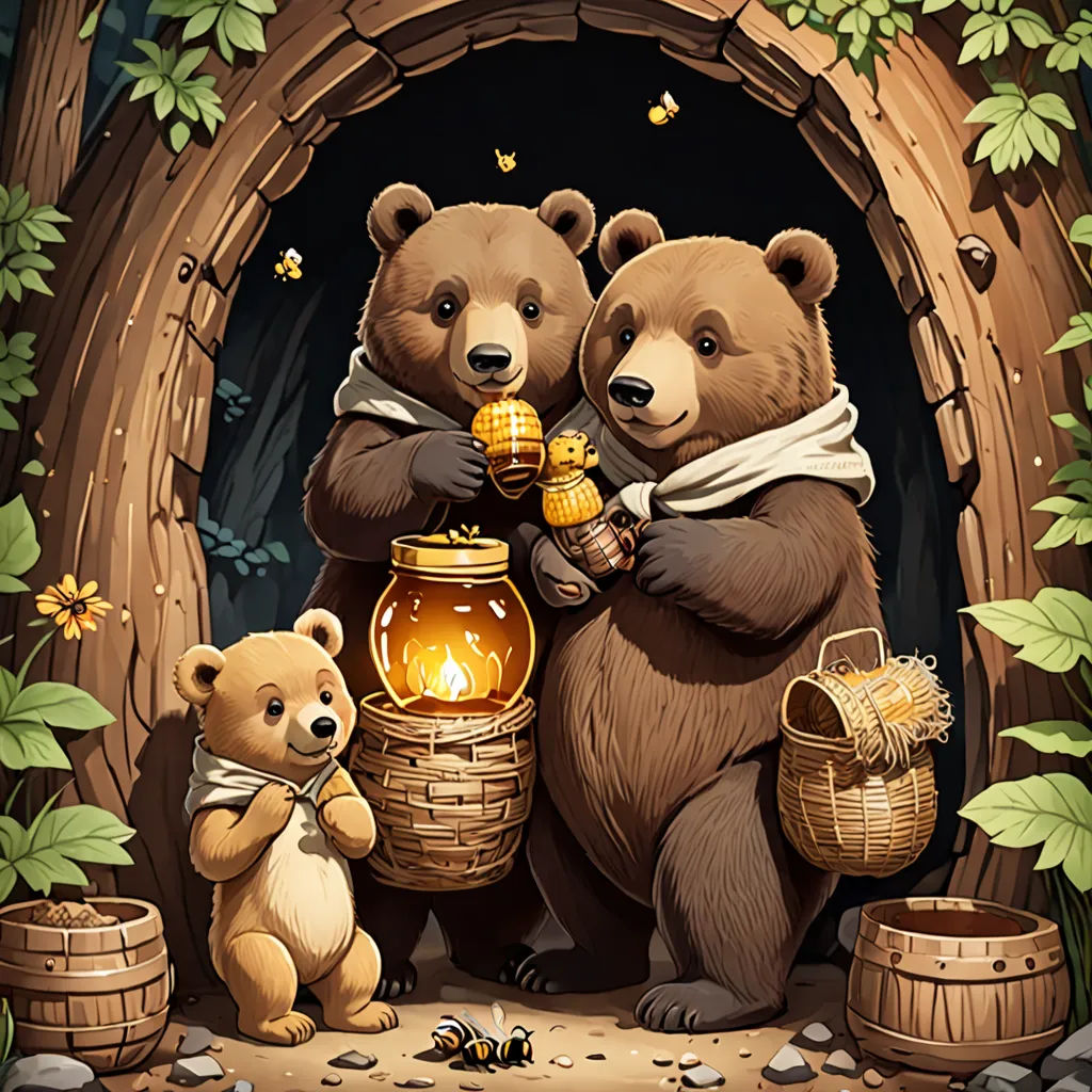 two bears holding a lantern and a bear cub in a cave with a bee and honey pot in it, fantasy art, a storybook illustration, Andrey Esionov, trending on art station