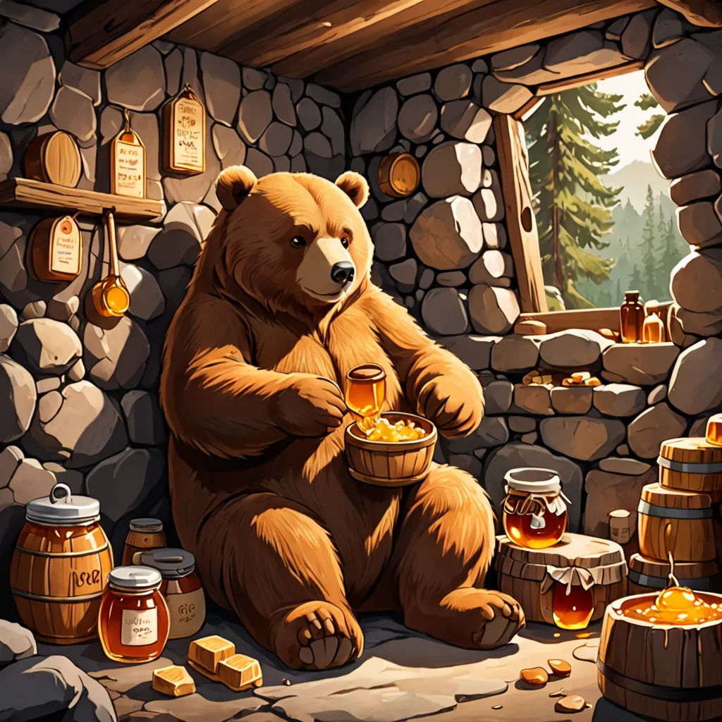 a bear sitting in a stone cabin with a mug of beer and honey in front of him and a barrel of honey in the background, fantasy art, a storybook illustration, Chris LaBrooy, trending on art station