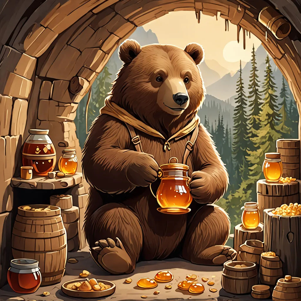 a bear sitting in a cave with honey jars and a lantern in his hand and a forest in the background, fantasy art, a character portrait, Dan Mumford, game art