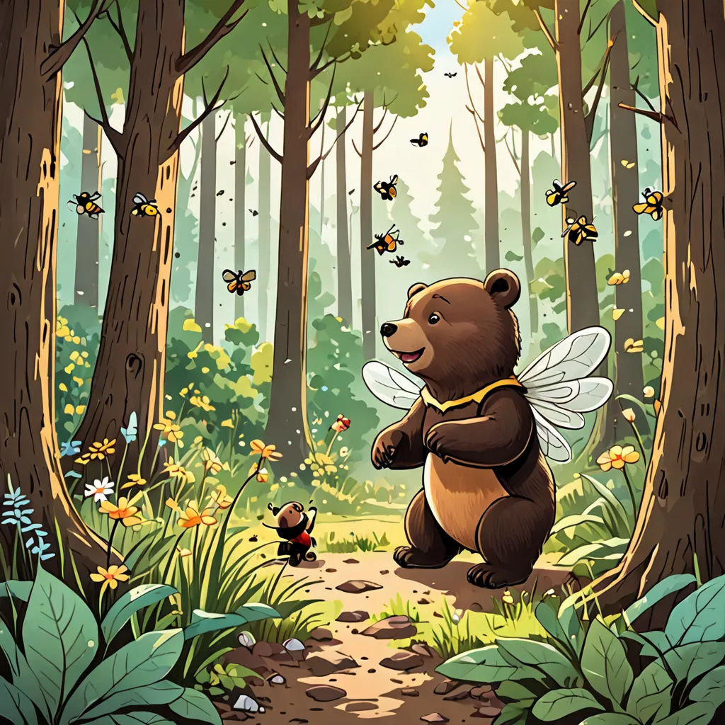 a bear in the woods with a honeybee on its back and a mouse in the foreground, and a honeybee on the ground, fantasy art, a storybook illustration, Chris LaBrooy, storybook illustration