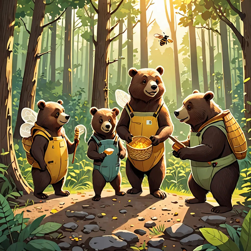 a group of bears standing in the woods with honey pots in their hands and a bee on their chest, environmental art, a storybook illustration, Aaron Jasinski, official art