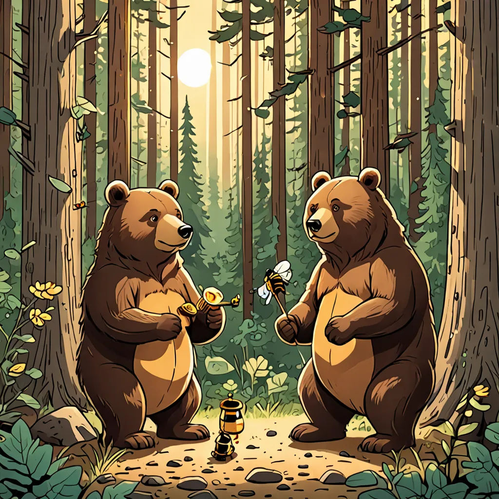 two bears are standing in the woods with honey jars in their hands and a bee in their hand,, environmental art, a storybook illustration, Dan Mumford, official art