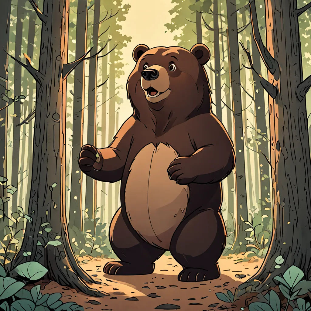a bear standing in the middle of a forest with trees and leaves on the ground and a sun shining through the trees, furry art, a character portrait, Brom, official art
