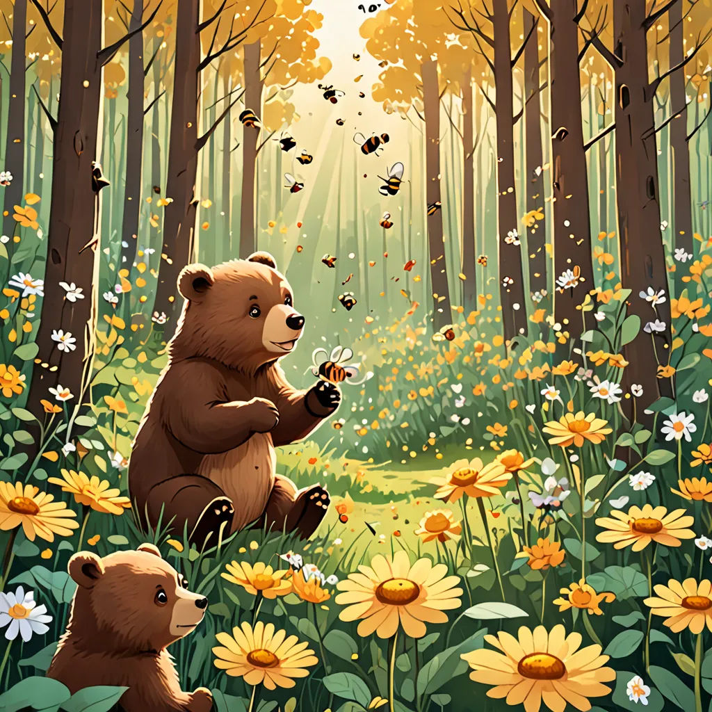 a bear and a bear cub are in a forest with flowers and bees flying around them and a sunbeam, fantasy art, a storybook illustration, Chris LaBrooy, storybook illustration
