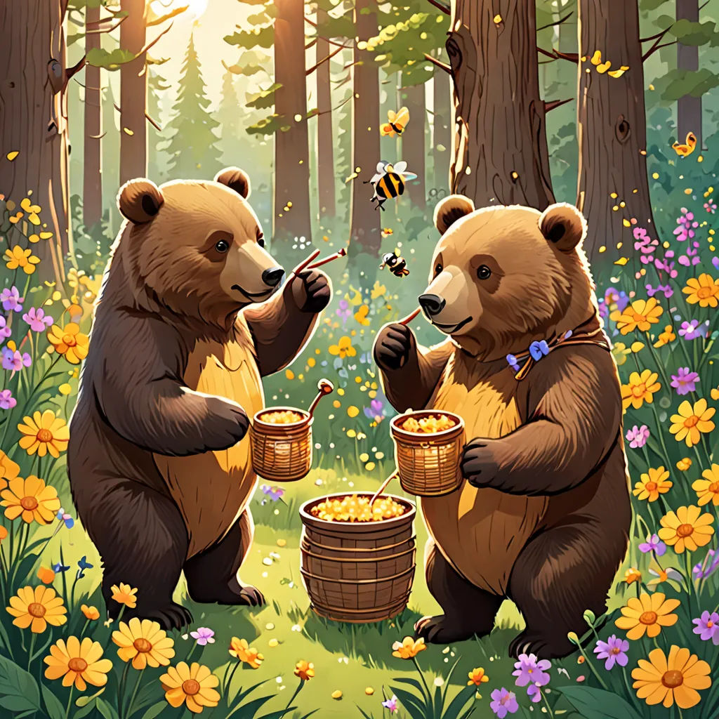 two bears are sitting in the woods eating honey from baskets and bees are flying around them, with a bee hovering above them, furry art, a storybook illustration, Chris LaBrooy, official art