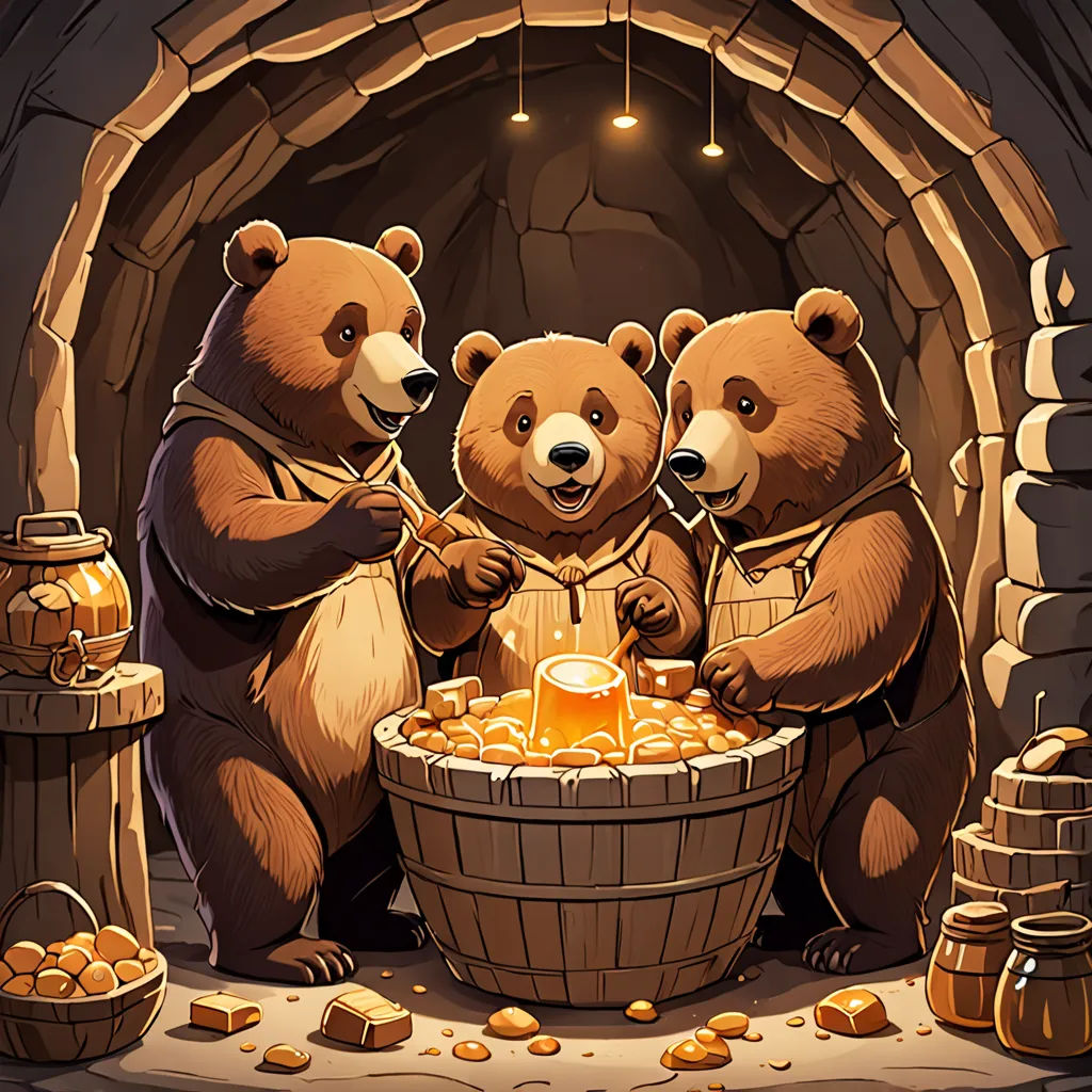 three bears are standing around a barrel of gold coins and a barrel of beer in front of them is a stone fireplace, fantasy art, a storybook illustration, Andreas Rocha, game art