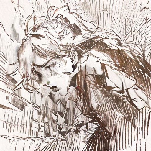 a drawing of a woman with a flower in her hair and a bird in her hand, in a tree