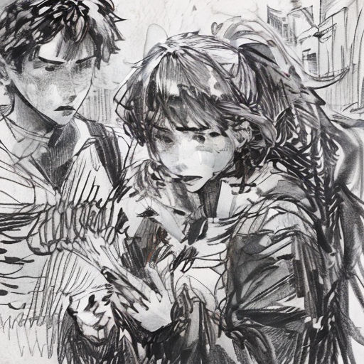 a drawing of two people with a cat in their hands and a dog in their lap, with a city in the background