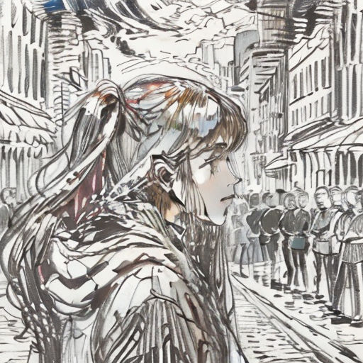 a drawing of a woman walking down a street with a crowd of people behind her on a city street