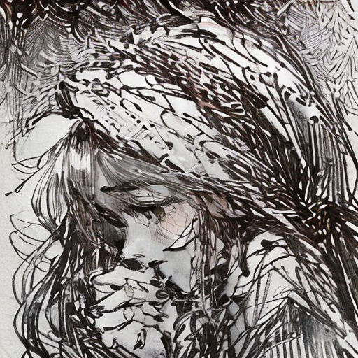 a drawing of a woman with her head in her hands and a tree behind her head, with a bird flying overhead