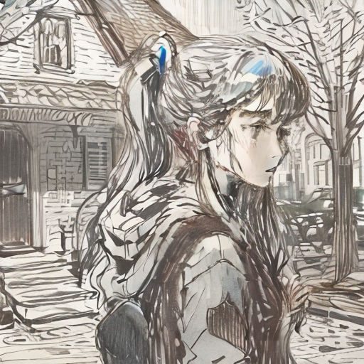 a drawing of a woman walking down a street with a bird flying overhead in the sky above her head