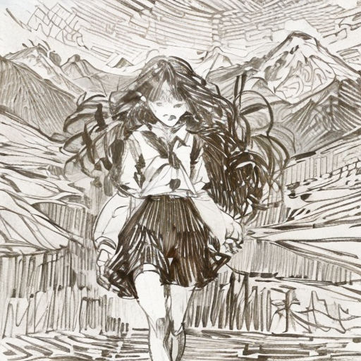 a drawing of a girl walking down a street with mountains in the background and a sky with clouds in the background
