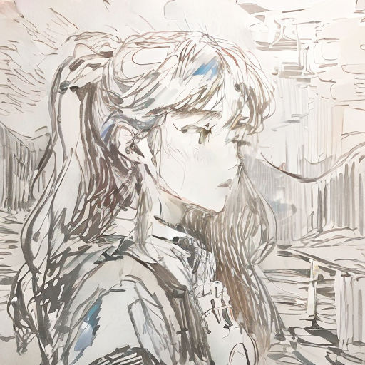 a drawing of a woman with long hair and a ponytail standing in front of a cityscape background
