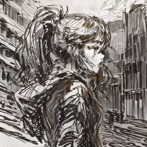 a drawing of a woman walking down a street in a city with buildings and a man in a suit