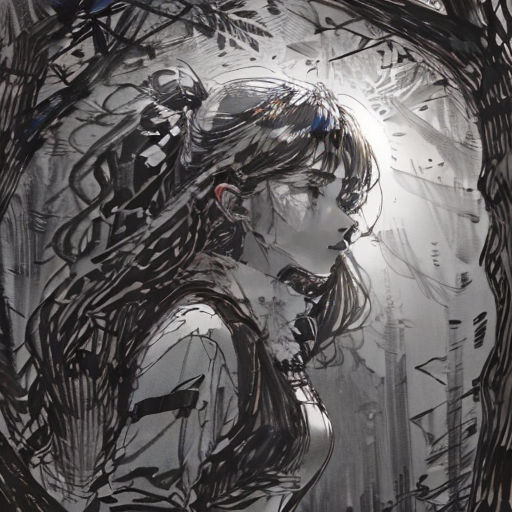 a woman with long hair standing in front of a mirror with birds flying around her and a bird flying above her
