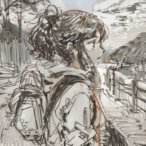 a drawing of a woman walking down a street with a backpack on her back and a man walking behind her