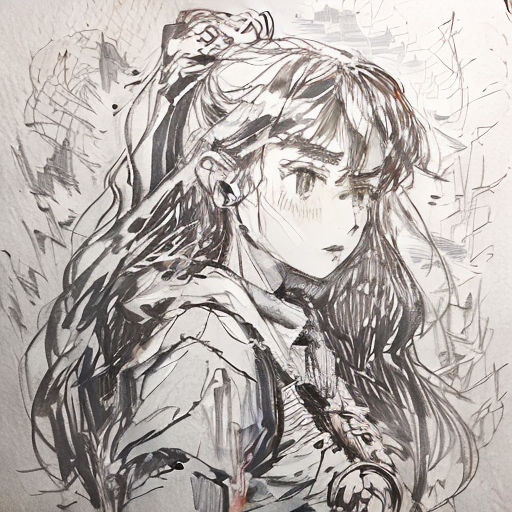 a drawing of a woman with long hair and a scarf on her head, holding a gun in her hand
