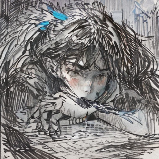 a drawing of a girl with a bird on her shoulder and a city in the background with buildings and birds