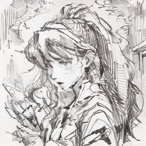 a drawing of a woman with a scarf on her head and a hand on her chest, holding a cell phone