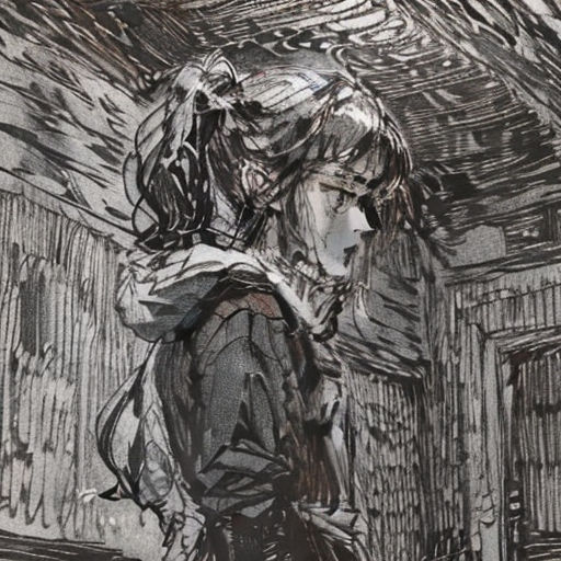 a drawing of a woman standing in a room with a cat on her shoulder and a cat on her shoulder