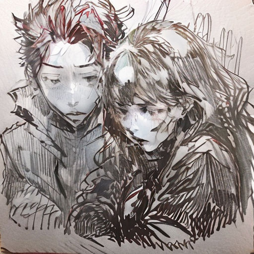 a drawing of two people with their faces close together, one of them is looking down at the other