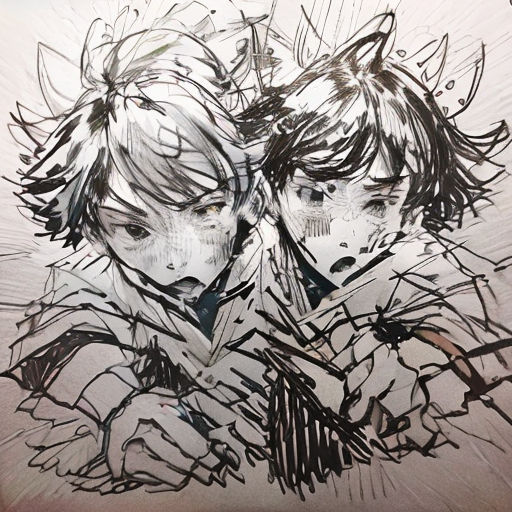 a drawing of two people with their faces covered in black and white inks, with a background of lines and scribbles