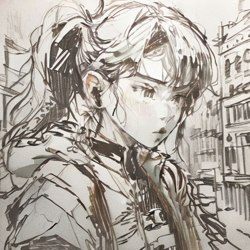a drawing of a woman with a scarf on her neck and a city in the background with buildings and buildings