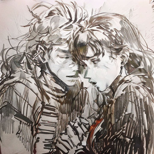 a drawing of two people with their faces close together, one of them is holding the other's head