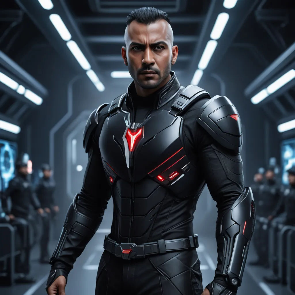 a man in a futuristic suit standing in a hallway with other men in the background and a sci - fi theme, cobra, a character portrait, Anthony Devas, key art