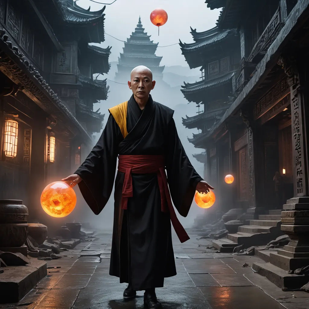 a man in a black robe holding two orange balls in his hands and a lantern in his hand in front of him, fantasy art, a detailed matte painting, Fang Congyi, cinematic photography