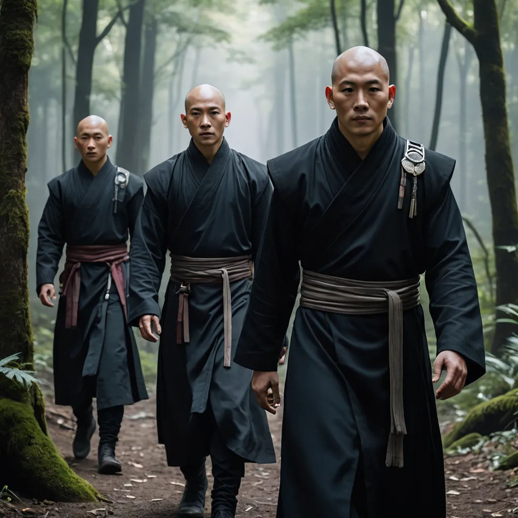 a group of men walking down a forest covered in trees and mossy trees, with one man in a black robe, dau-al-set, a poster, Dai Jin, movie still
