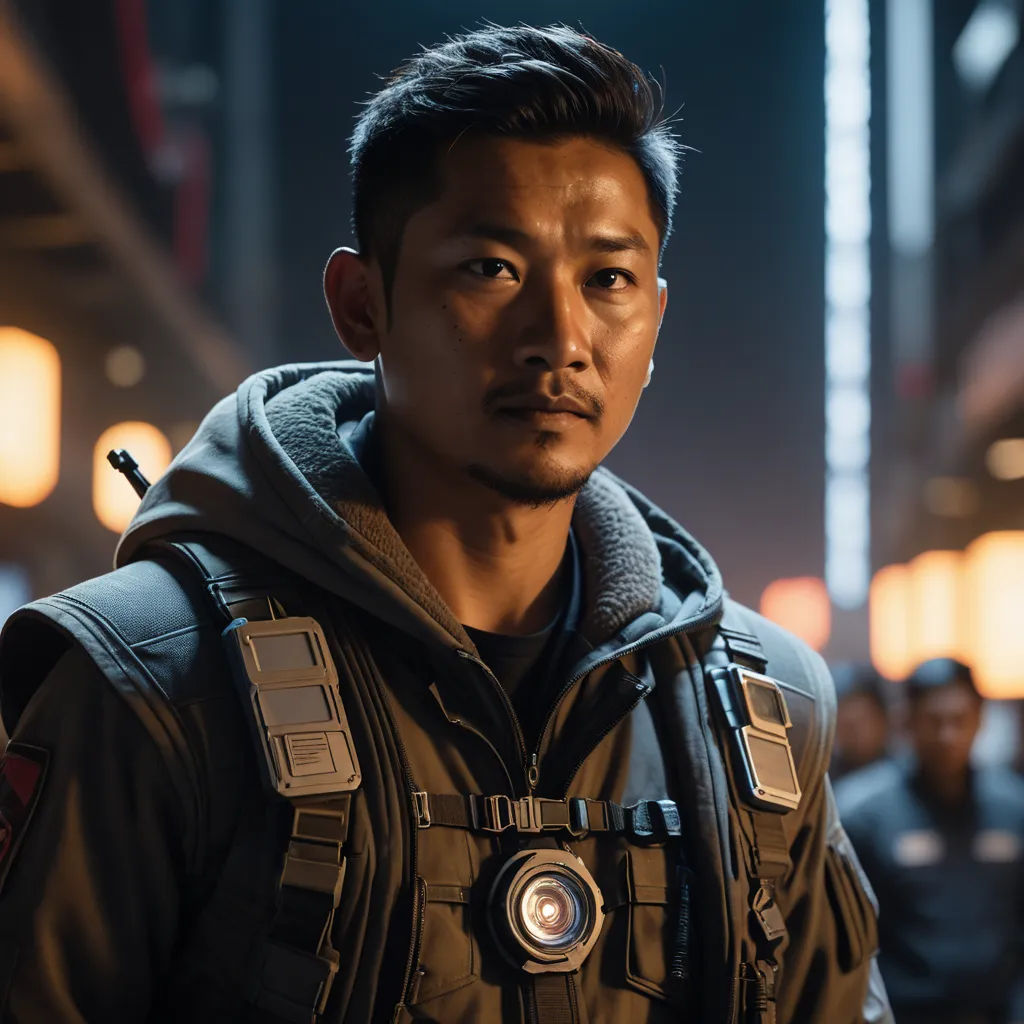 a man in a space suit standing in a dark room with a camera on his shoulder and a man in a space suit standing behind him, cobra, a character portrait, Dai Jin, vfx