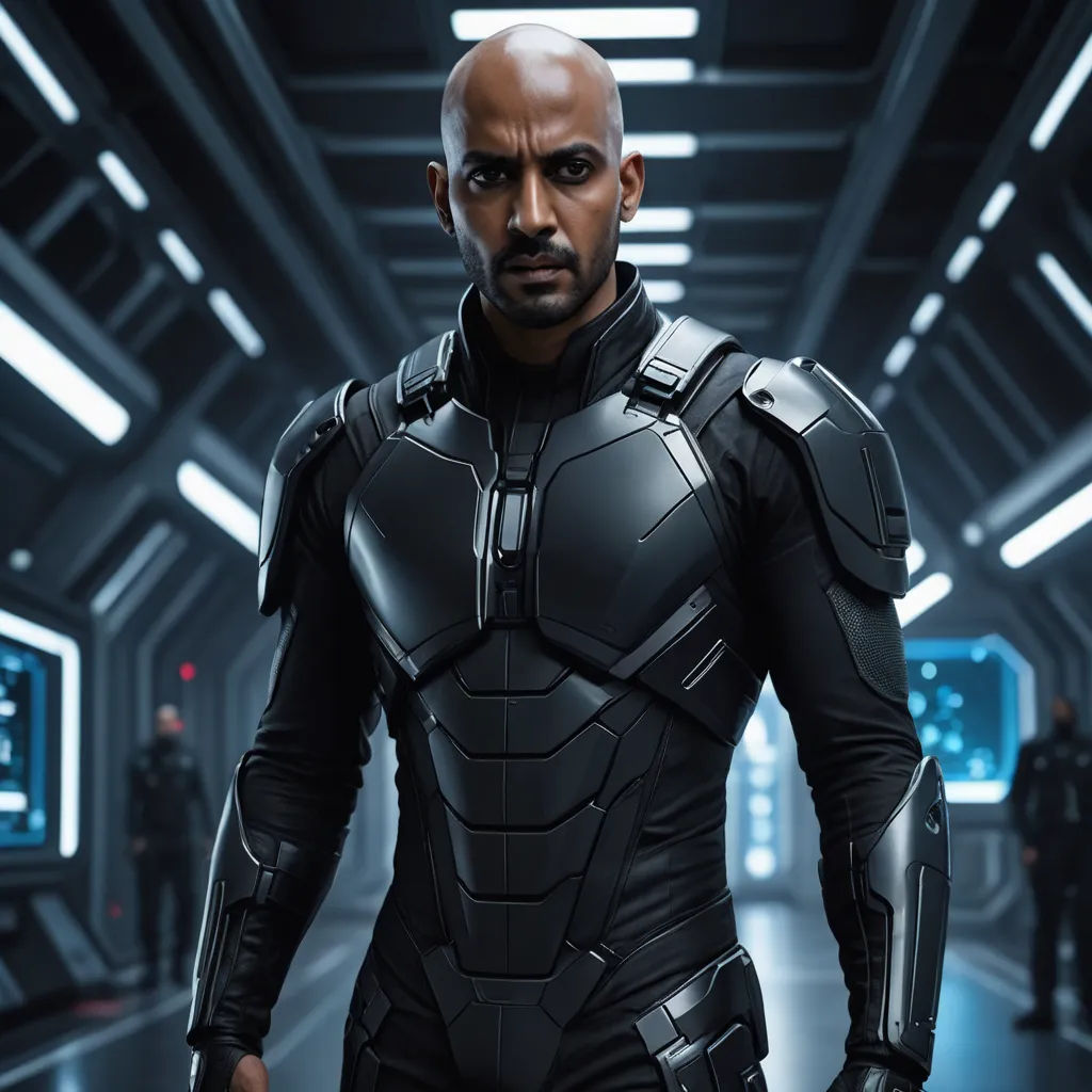a man in a futuristic suit is standing in a dark room with other men in the background and a large screen in the background, cobra, a character portrait, Altichiero, promotional image