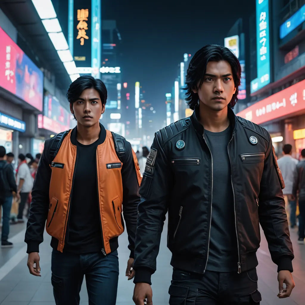 two men walking down a street in a city at night with neon lights in the background and a crowd of people walking by, neo-figurative, poster art, Dai Jin, promotional image