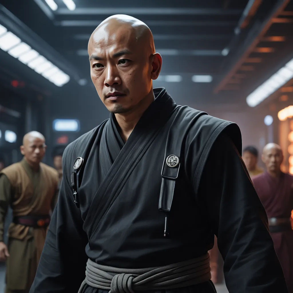 a man in a black outfit standing in a room with other men in the background and one man in a black outfit, dau-al-set, a character portrait, Dai Jin, promotional image