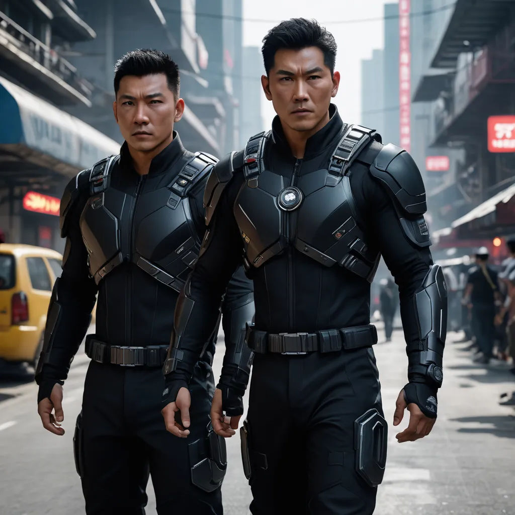 two men in black suits walking down a street together in a city with tall buildings in the background and a yellow taxi in the foreground, antipodeans, a poster, Dai Jin, vfx