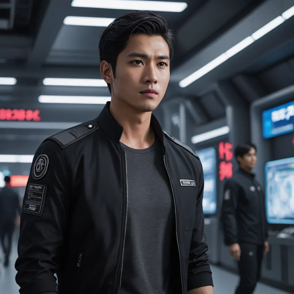 a man in a black jacket standing in a room with other people in the background and a tv screen, dau-al-set, a character portrait, David Park, promotional image
