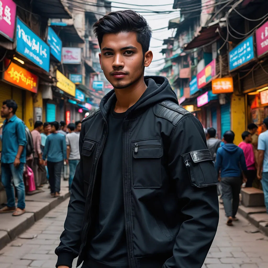 a man standing on a street with a backpack on his back and a lot of people walking around him, samikshavad, a character portrait, Bikash Bhattacharjee, tech wear