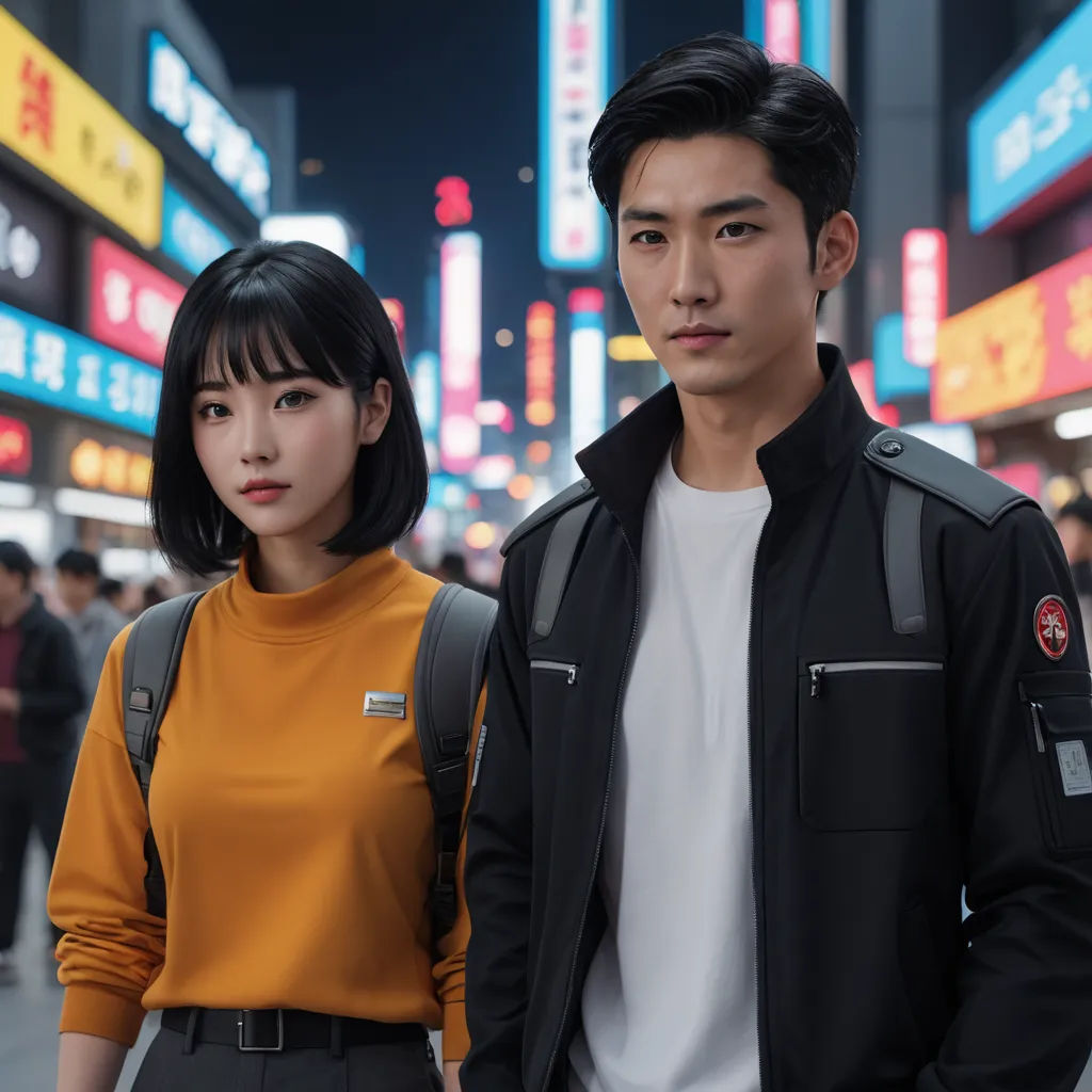 a man and a woman standing in a city at night with neon signs in the background and a man in a yellow shirt and a black jacket, aestheticism, a photocopy, An Gyeon, tech wear