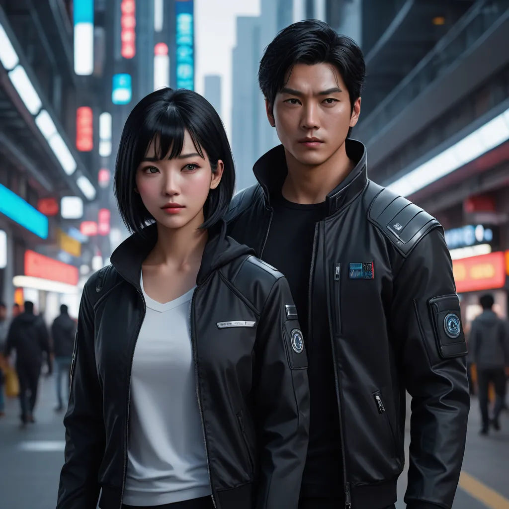 a man and a woman standing next to each other on a street in a city with tall buildings and neon signs, neo-figurative, cyberpunk art, Artgerm, key art