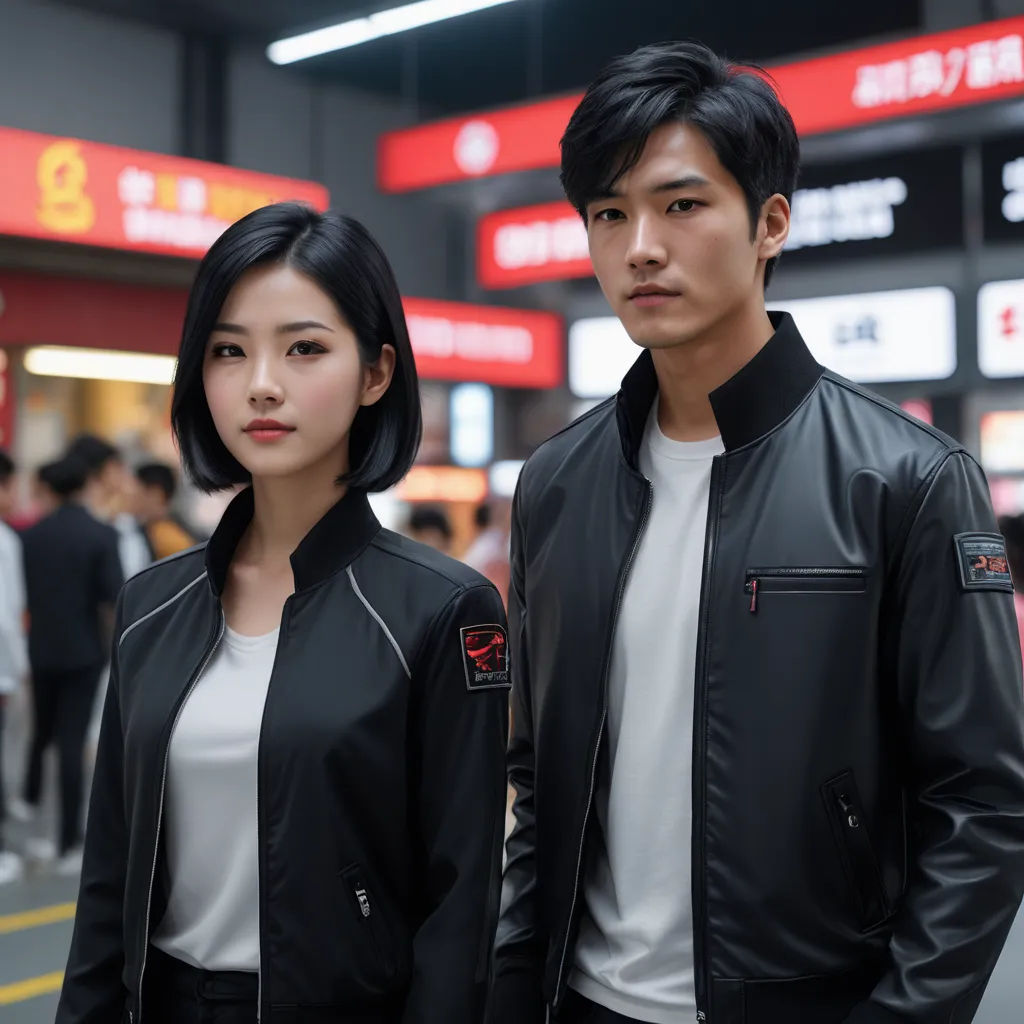 a couple of people standing next to each other in a room with a sign in the background that says china, neo-figurative, a stock photo, Chen Jiru, tech wear
