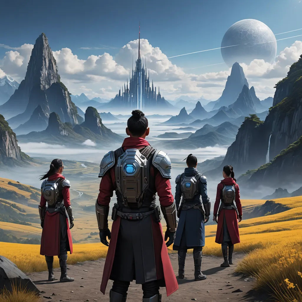 a group of people standing on a dirt road near mountains and a castle in the distance with a sky background, fantasy art, concept art, Clint Cearley, key art