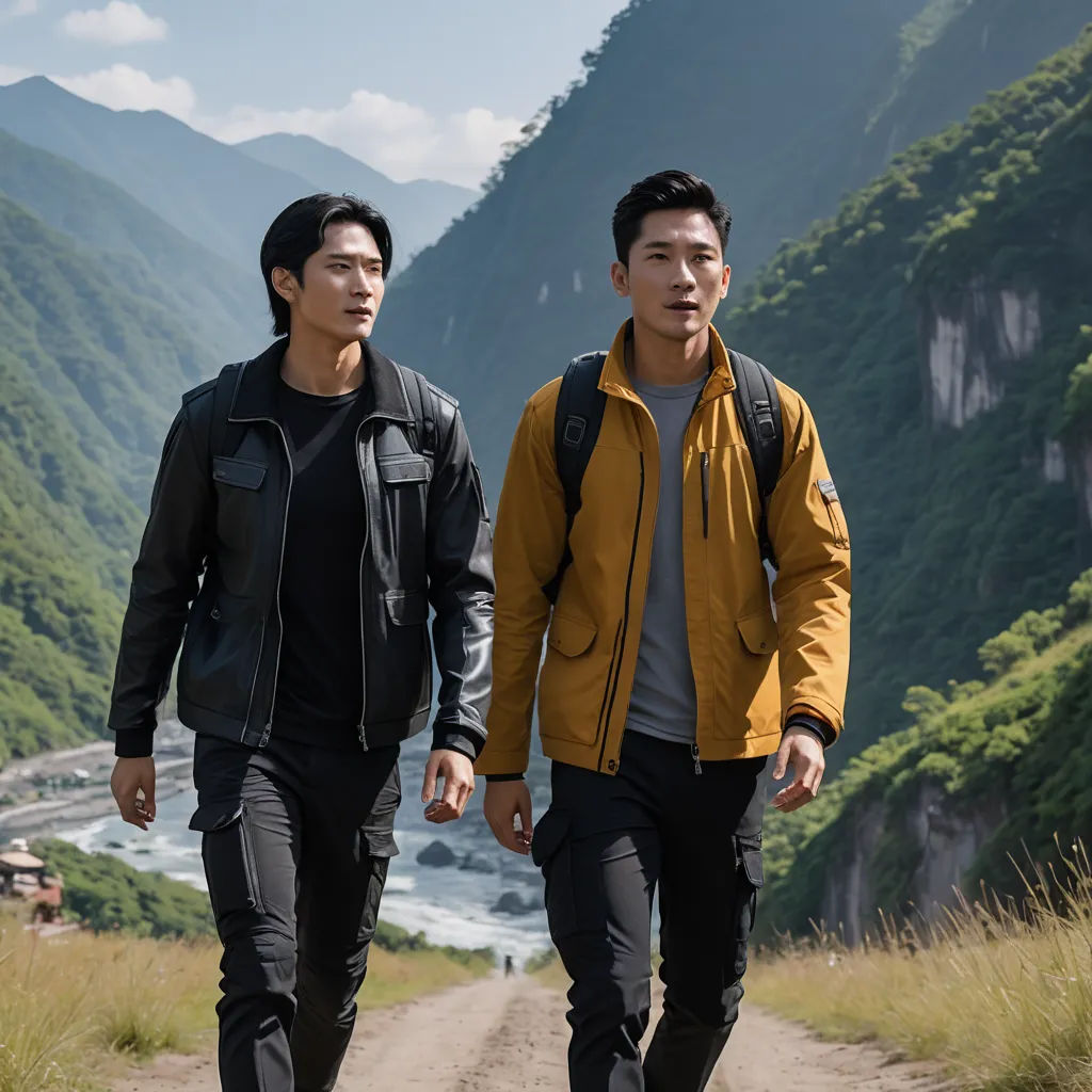 two men walking down a dirt road in the mountains with a river in the background and a valley in the distance, aestheticism, a poster, Choi Buk, promotional image