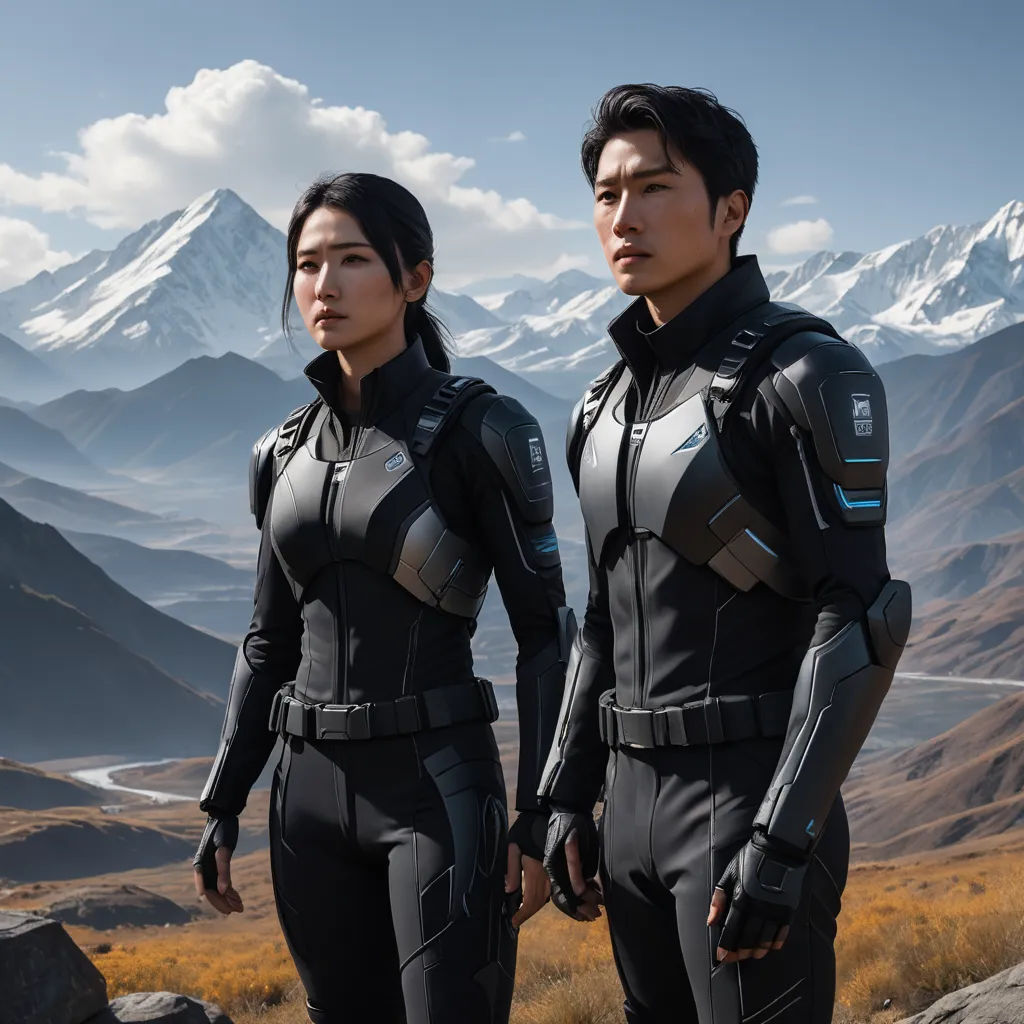 a couple of people standing next to each other in a field with mountains in the background and a sky with clouds, retrofuturism, a matte painting, Dai Jin, promotional image