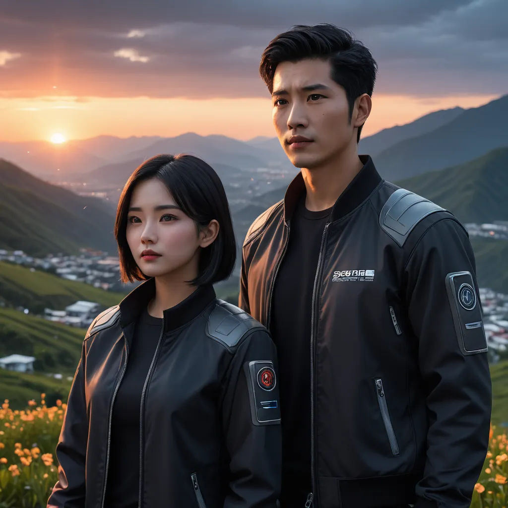 a man and a woman standing in front of a mountain at sunset with a city in the background and a sun setting, dau-al-set, a poster, Dai Xi, promotional image